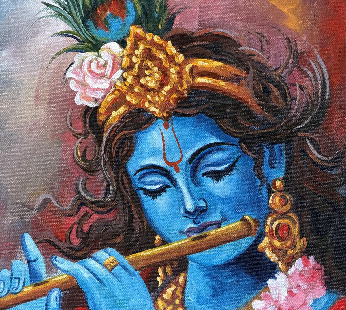 Lord Krishna Playing Flute Acrylic Painting on Canvas | Blue Krishna Wall Art