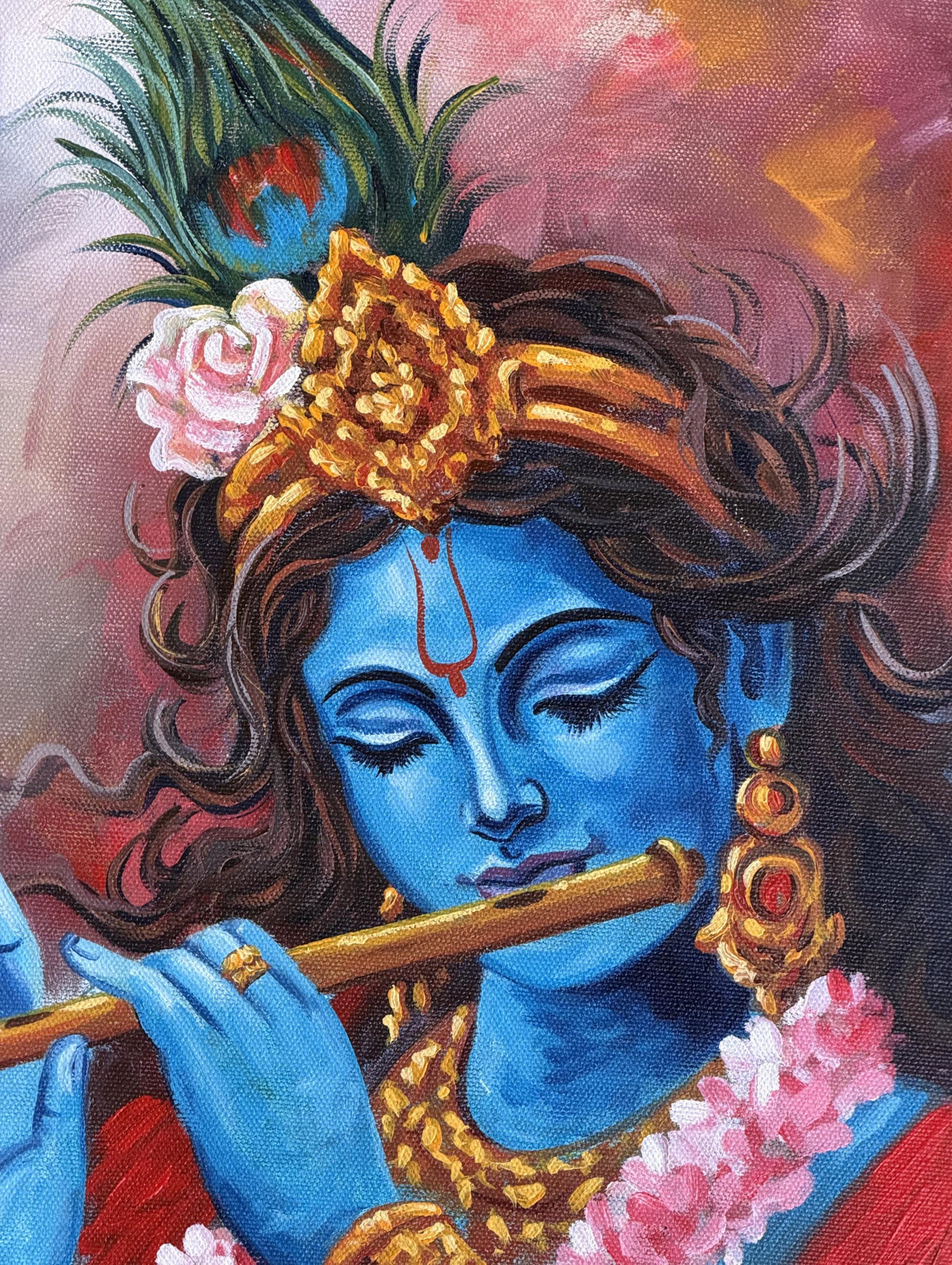 Lord Krishna Playing Flute Acrylic Painting on Canvas | Blue Krishna Wall Art