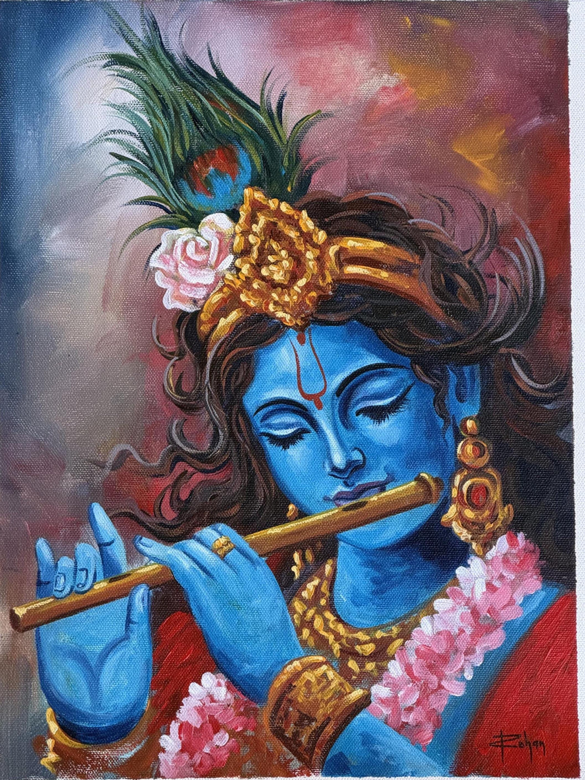 Lord Krishna Playing Flute Acrylic Painting on Canvas | Blue Krishna Wall Art