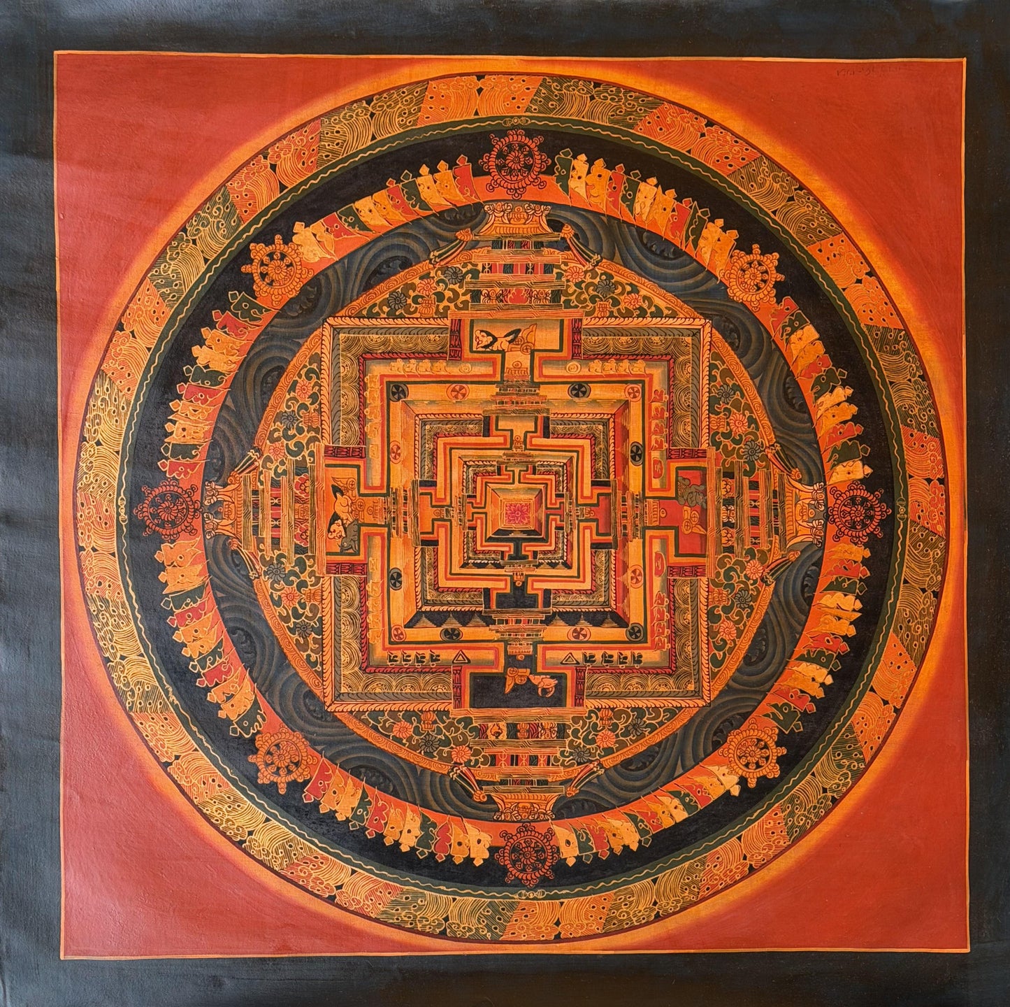 Hand-Painted Kalachakra Mandala Thangka – Wheel of Time, Oil Varnished Tibetan Art