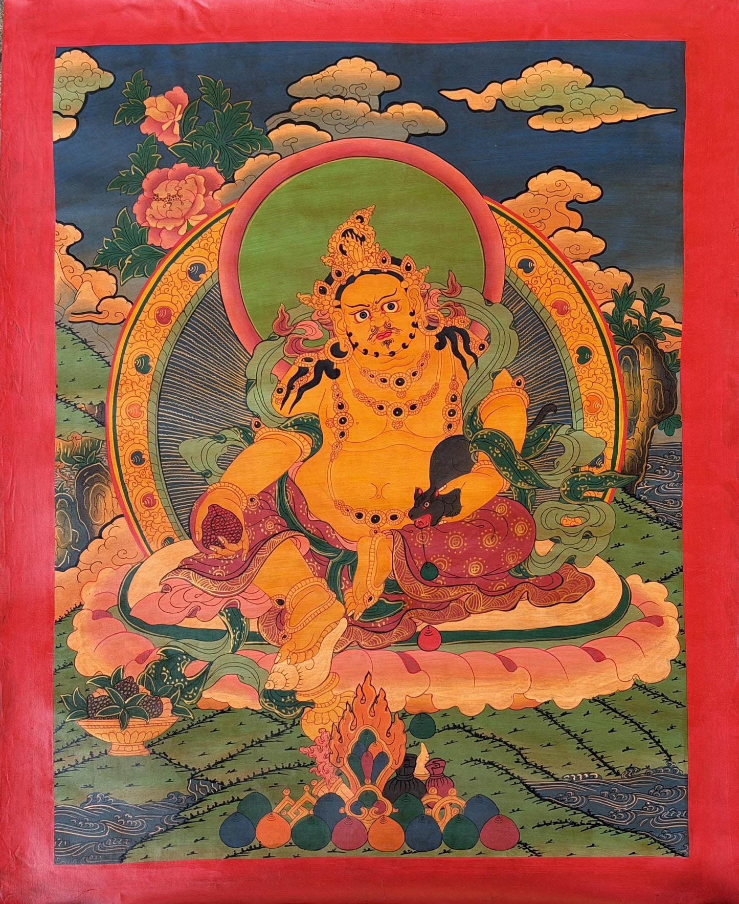 Hand-Painted Kubera Thangka – Yellow Dzambhala God of Wealth, Tibetan Buddhist Art, Oil-Varnished Thangka Painting