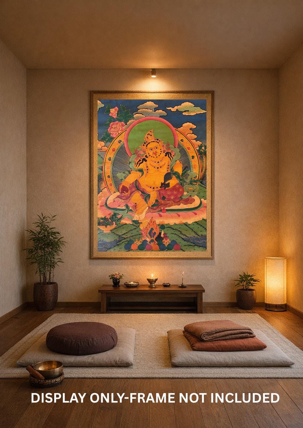 Hand-Painted Kubera Thangka – Yellow Dzambhala God of Wealth, Tibetan Buddhist Art, Oil-Varnished Thangka Painting