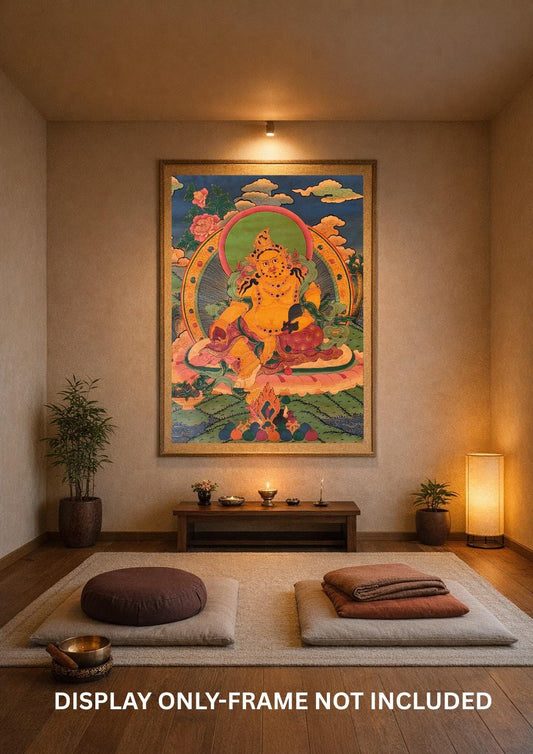Hand-Painted Kubera Thangka – Yellow Dzambhala God of Wealth, Tibetan Buddhist Art, Oil-Varnished Thangka Painting