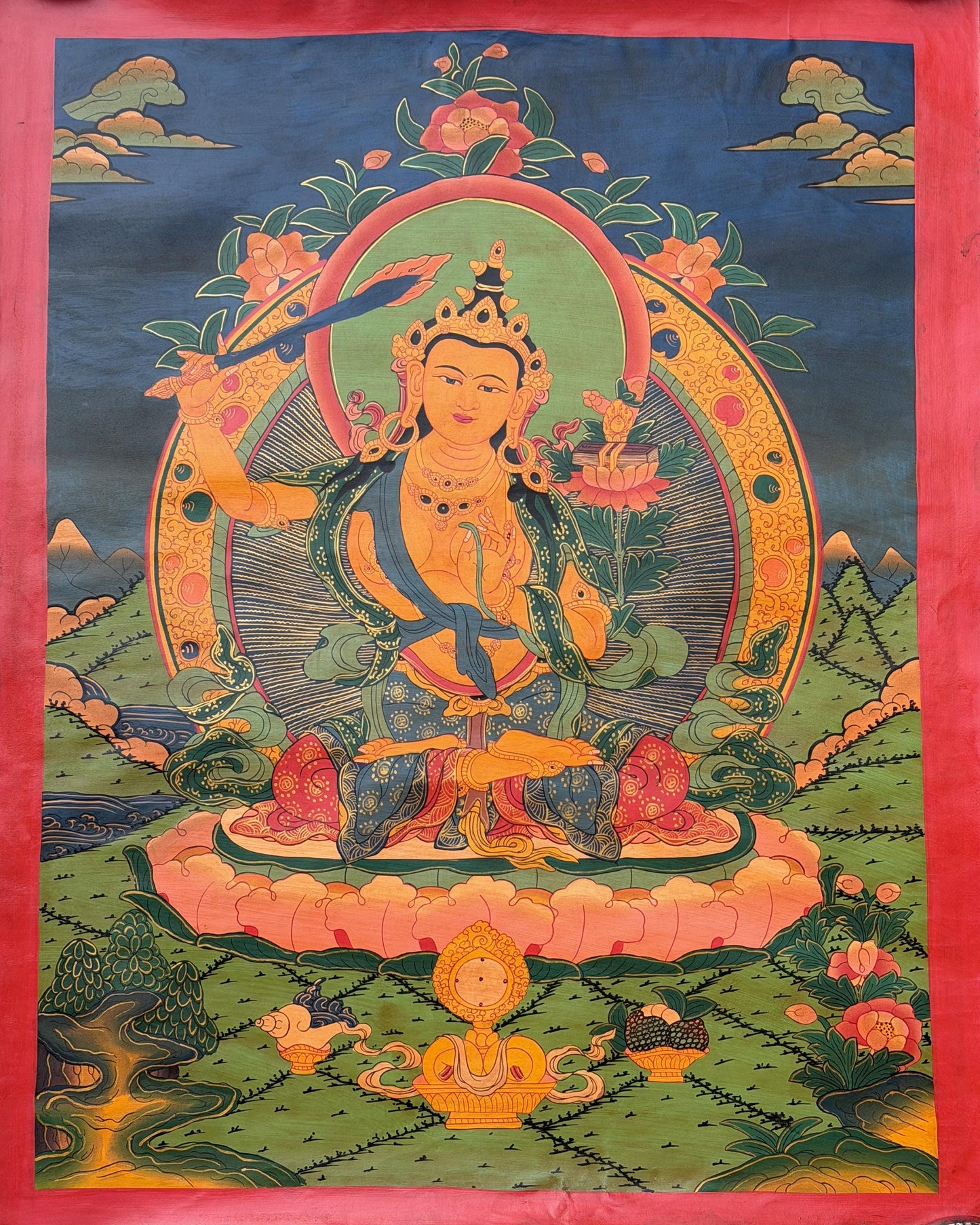Hand Painted Manjushri Thangka, God of Wisdom Painting From Nepal