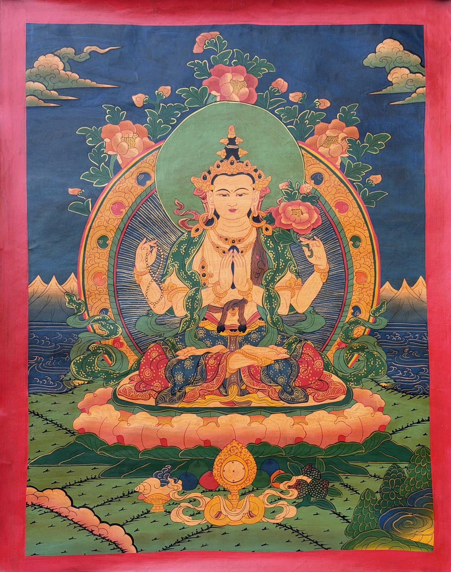 Hand-Painted Tibetan Thangka – Four-Armed Chenrezig (Avalokiteshvara) | Silk Brocade, Oil Varnished