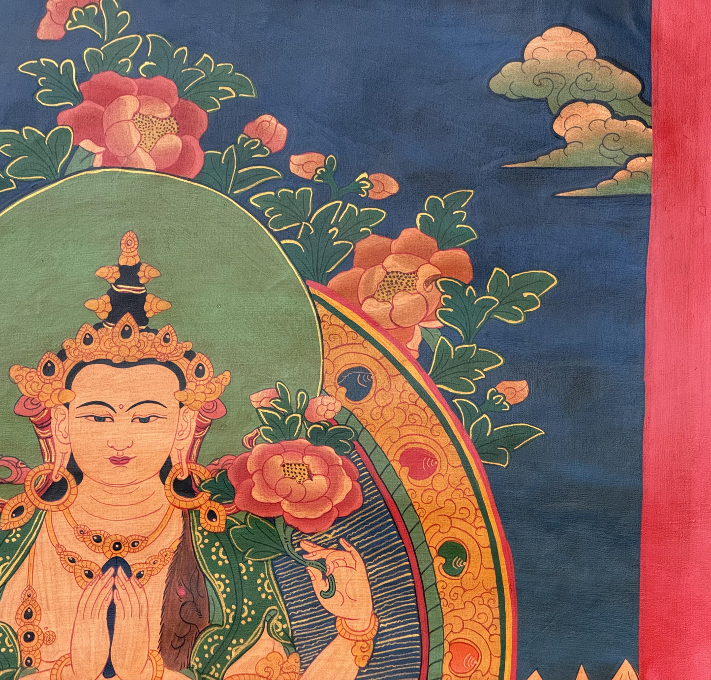 Hand-Painted Tibetan Thangka – Four-Armed Chenrezig (Avalokiteshvara) | Silk Brocade, Oil Varnished