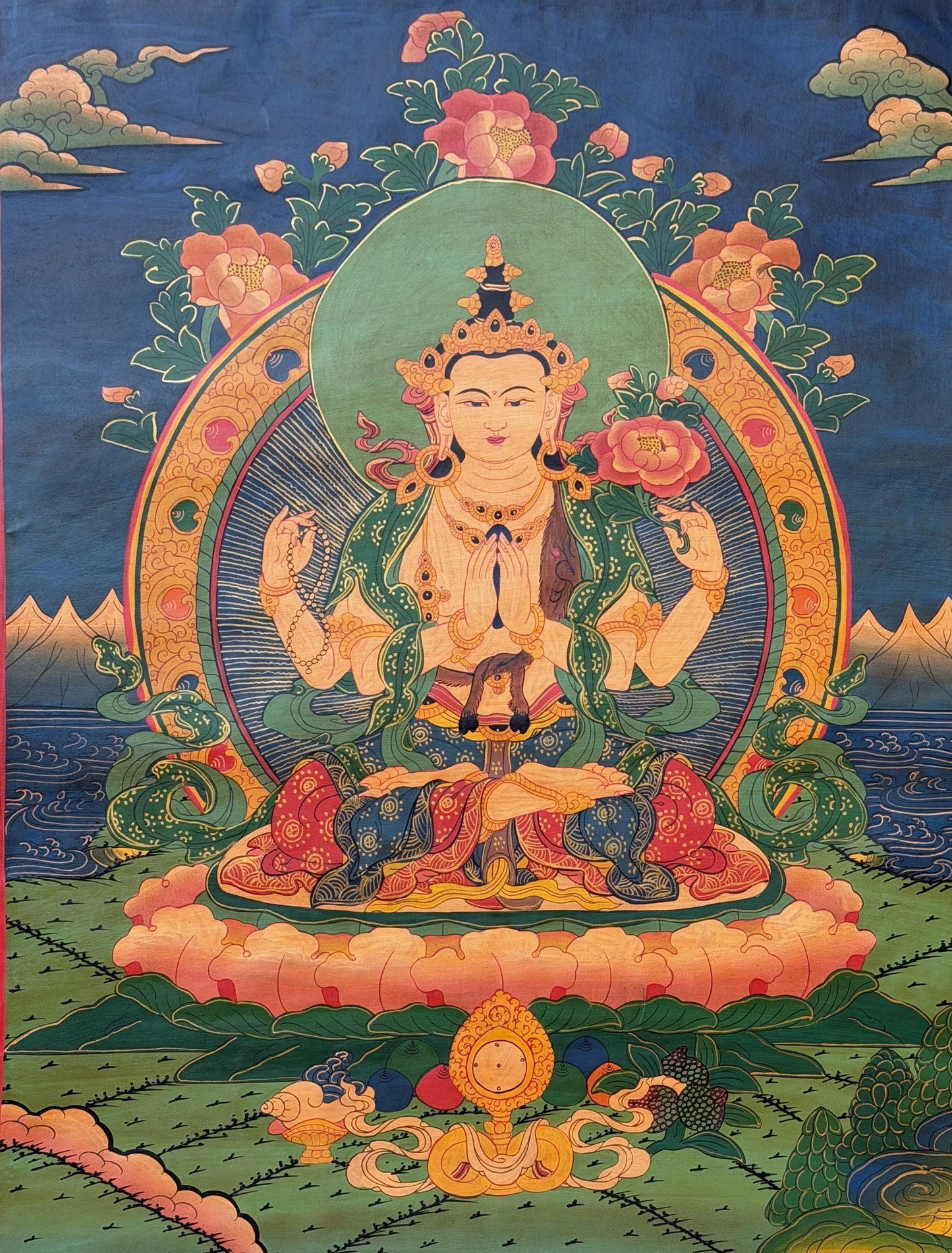 Hand-Painted Tibetan Thangka – Four-Armed Chenrezig (Avalokiteshvara) | Silk Brocade, Oil Varnished