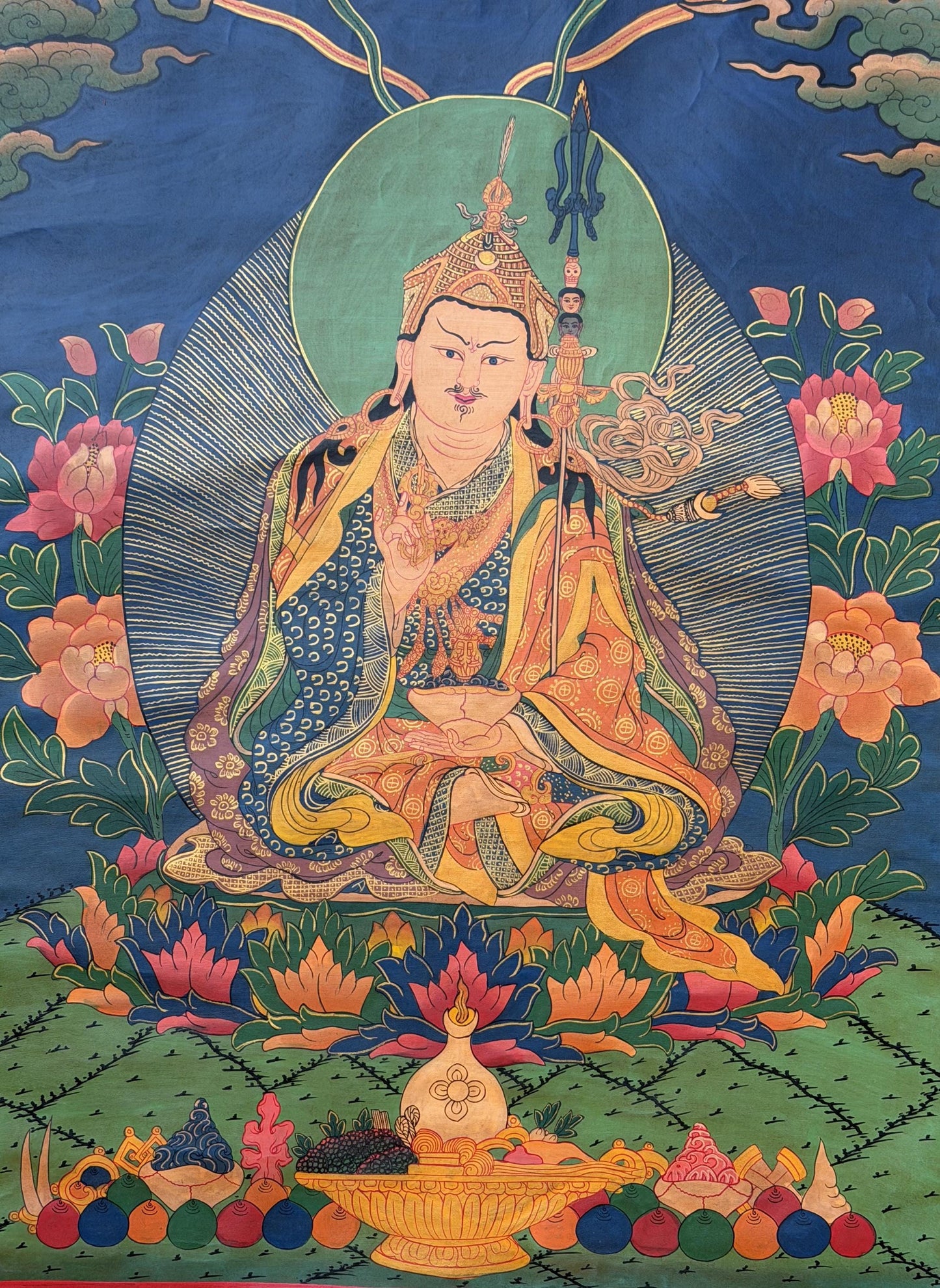 Guru Rinpoche (Padmasambhava) Tibetan Thangka – Semi Old, Oil Varnished Painting