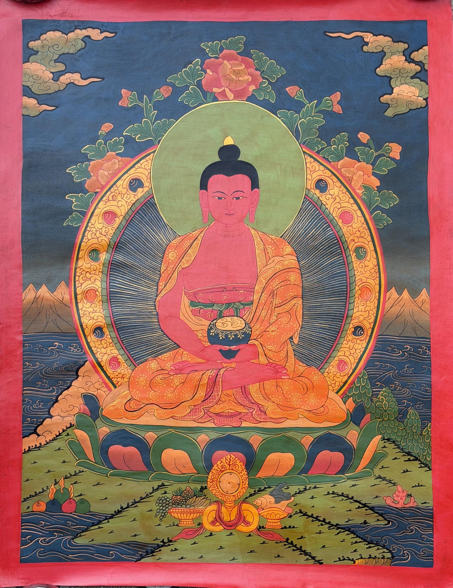 Amitabha Buddha Oil Varnished Thangka Painting, Hand-Painted Tibetan Art