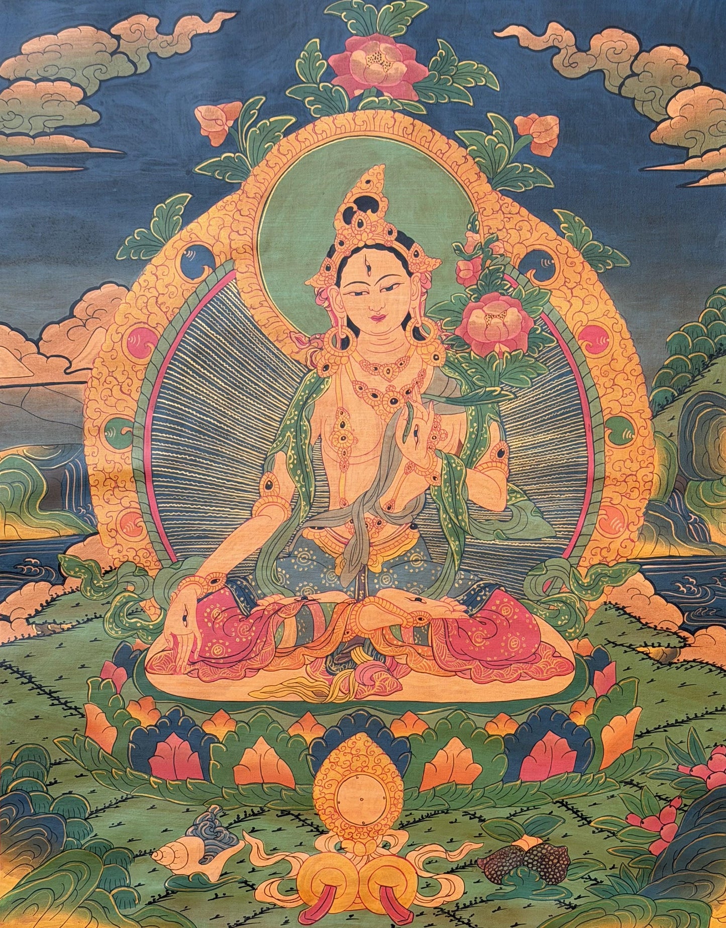 Original Hand-Painted White Tara Thangka | Old Oil-Varnished Tibetan Art from Nepal