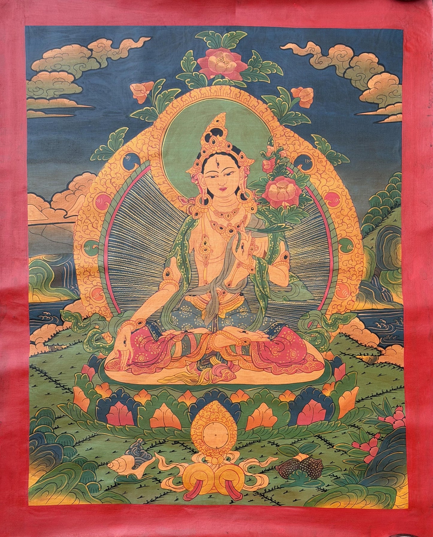 Original Hand-Painted White Tara Thangka | Old Oil-Varnished Tibetan Art from Nepal