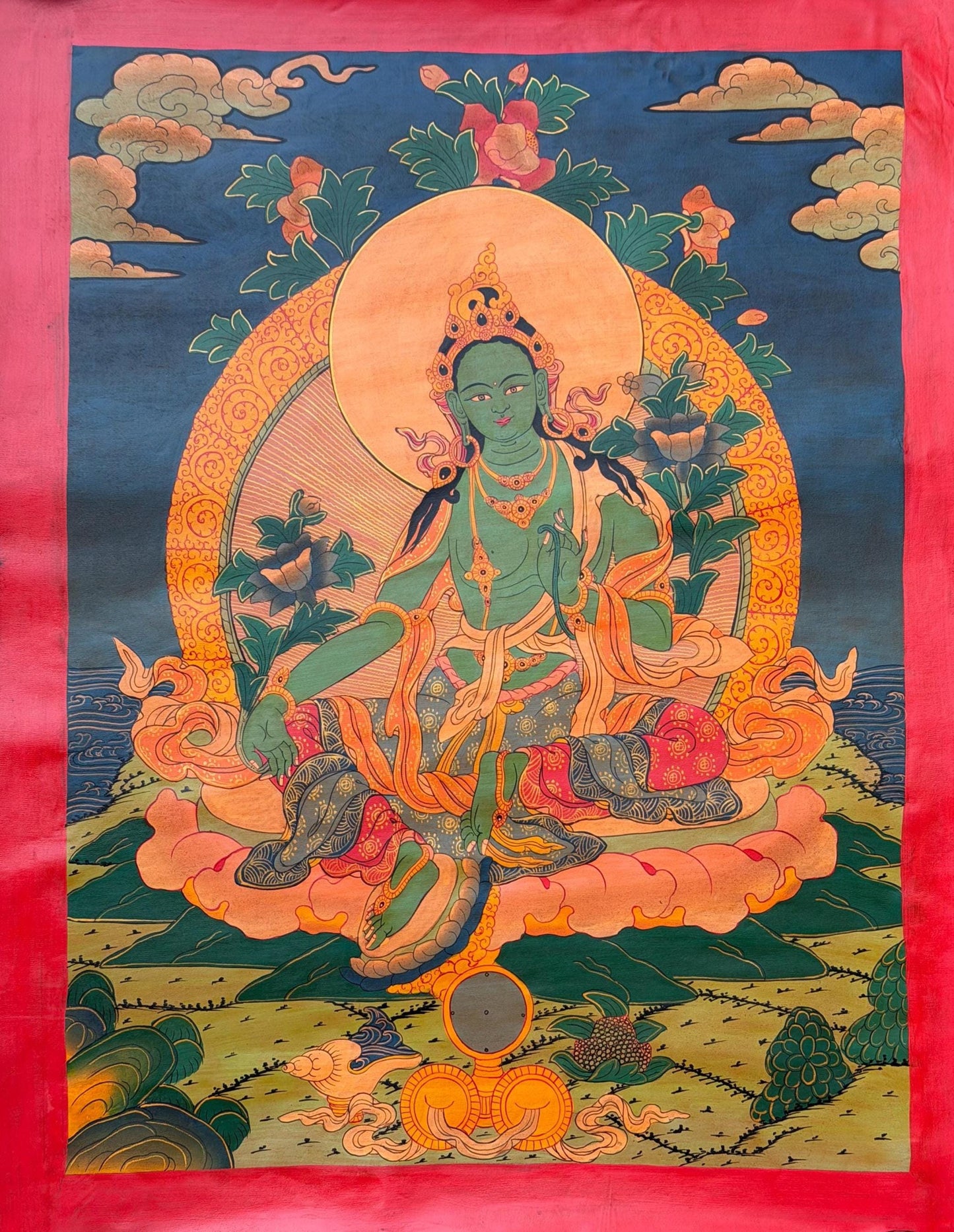 Hand-Painted Green Tara Thangka – Tibetan Goddess Art,  Oil Varnished Painting