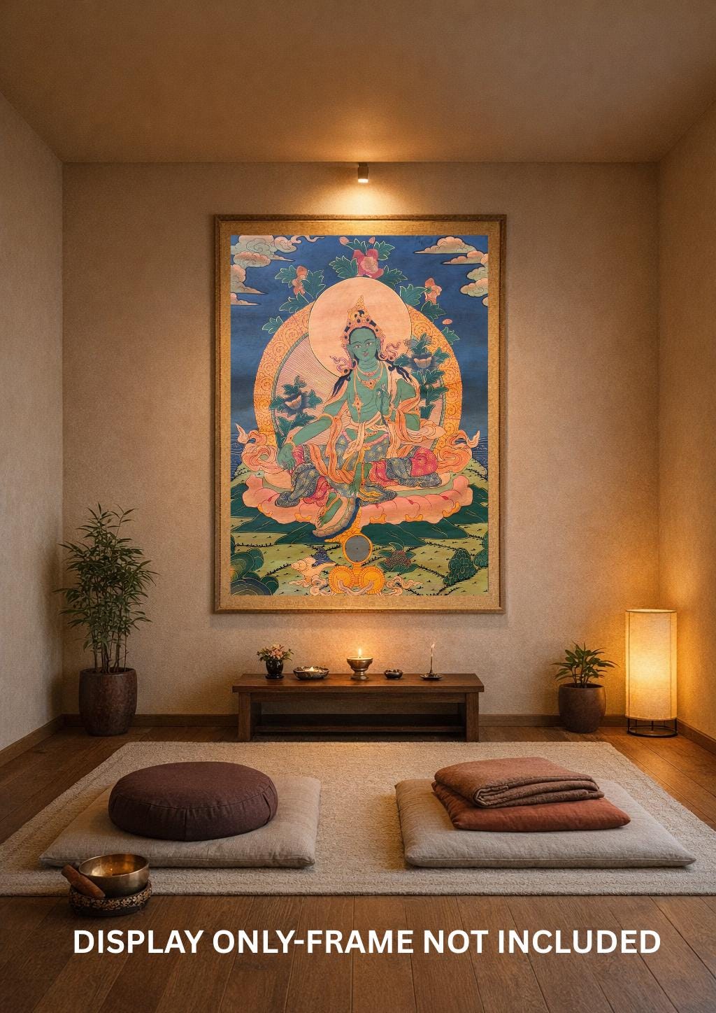 Hand-Painted Green Tara Thangka – Tibetan Goddess Art,  Oil Varnished Painting