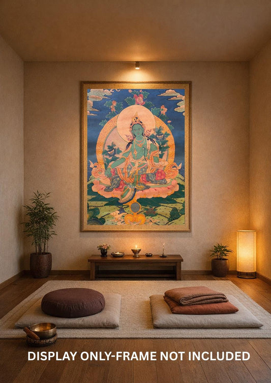 Hand-Painted Green Tara Thangka – Tibetan Goddess Art,  Oil Varnished Painting
