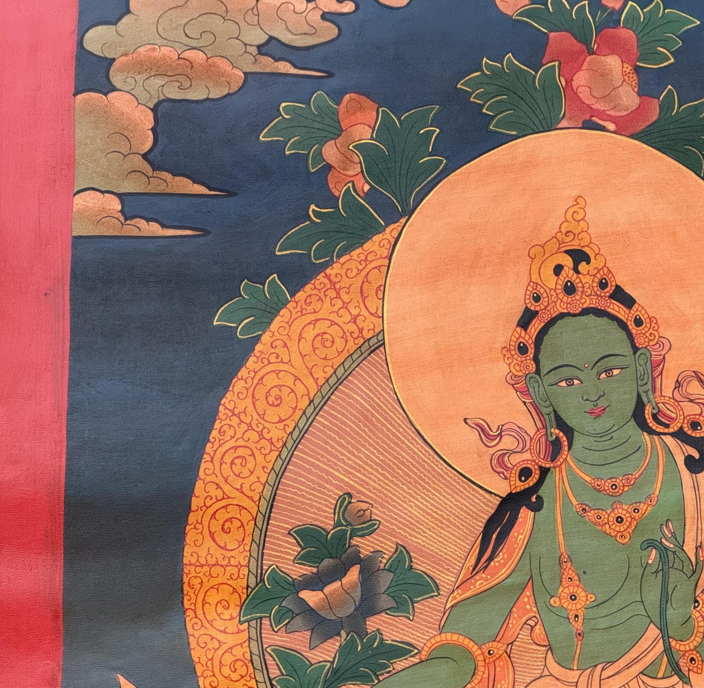 Hand-Painted Green Tara Thangka – Tibetan Goddess Art,  Oil Varnished Painting