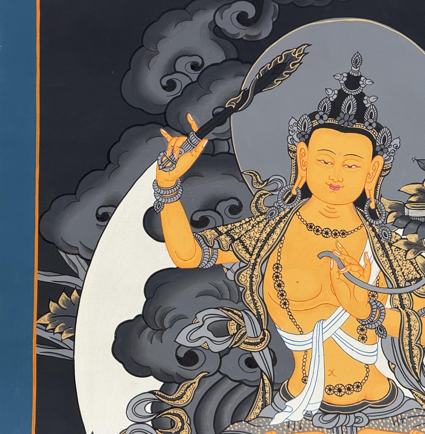 Black & Gold Manjushri Tibetan Thangka | Wisdom Buddha Hand-Painted Art