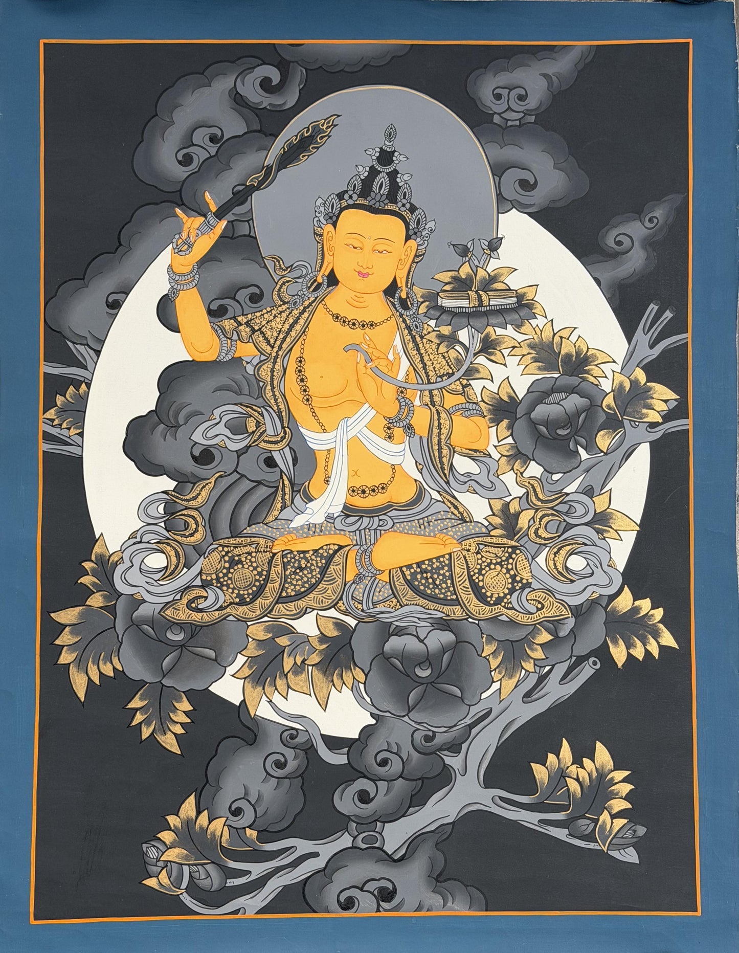 Black & Gold Manjushri Tibetan Thangka | Wisdom Buddha Hand-Painted Art