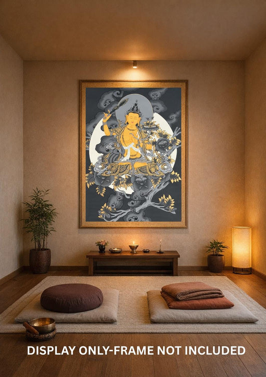 Black & Gold Manjushri Tibetan Thangka | Wisdom Buddha Hand-Painted Art
