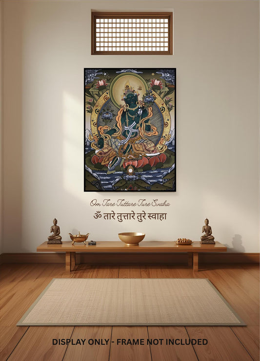 Hand-Painted 24 Karat Gold Green Tara Tibetan Thangka Painting