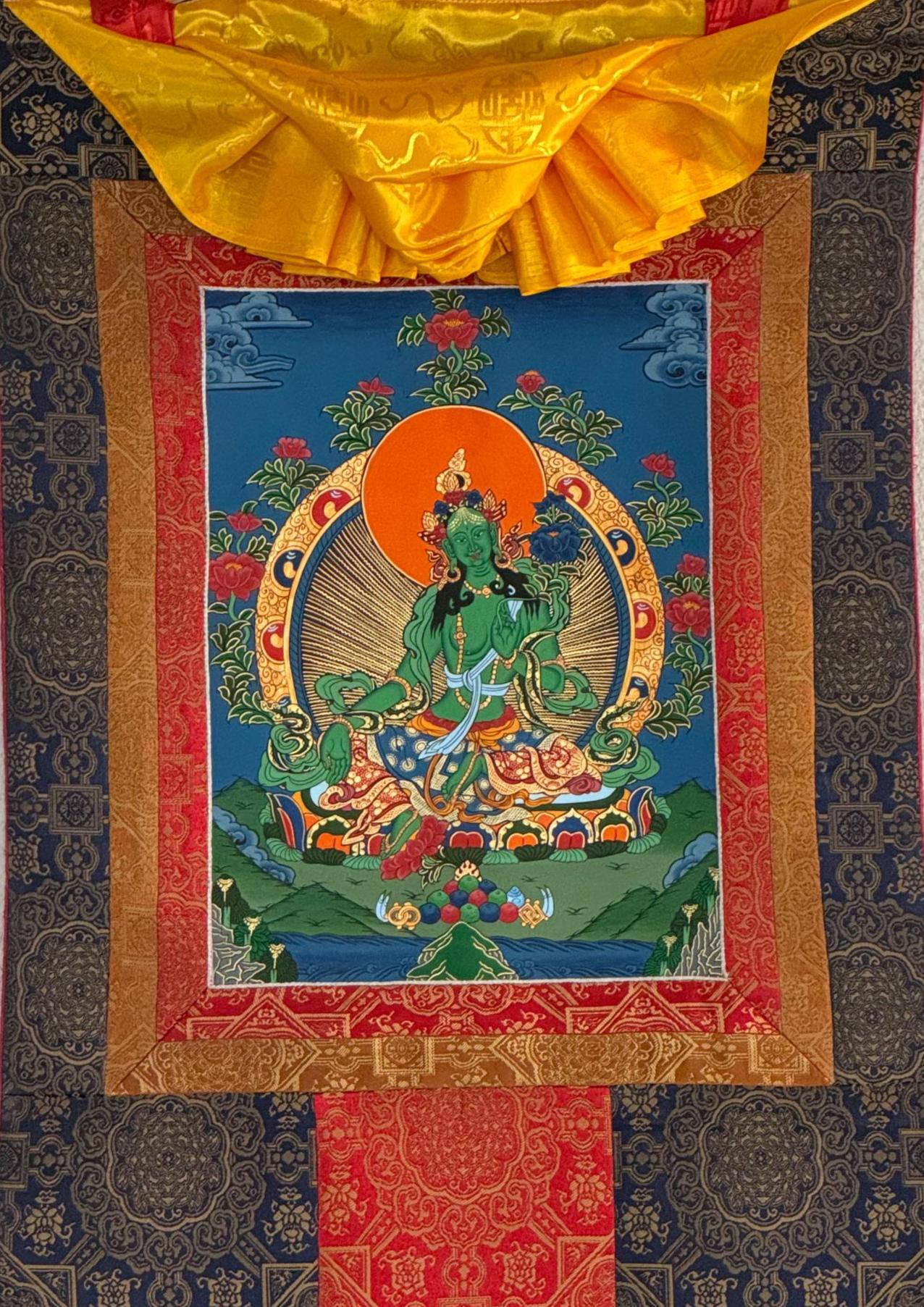 Hand-Painted Green Tara Tibetan Thangka Painting with Silk Brocade