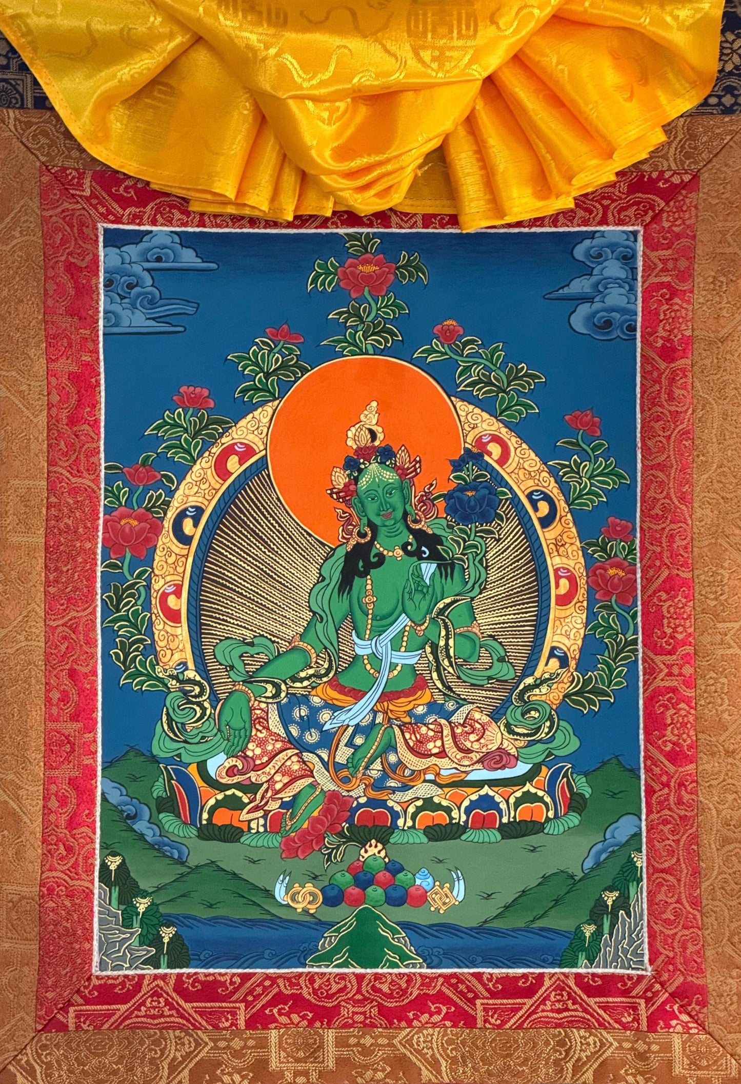 Hand-Painted Green Tara Tibetan Thangka Painting with Silk Brocade