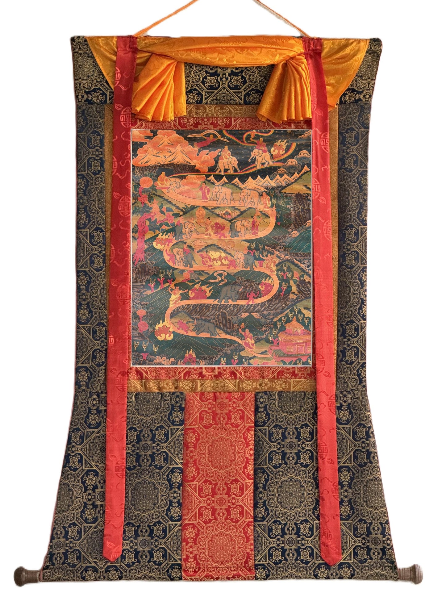 Samatha Meditation Thangka Nine Stages Mind Training Tibetan Art with Silk Brocade