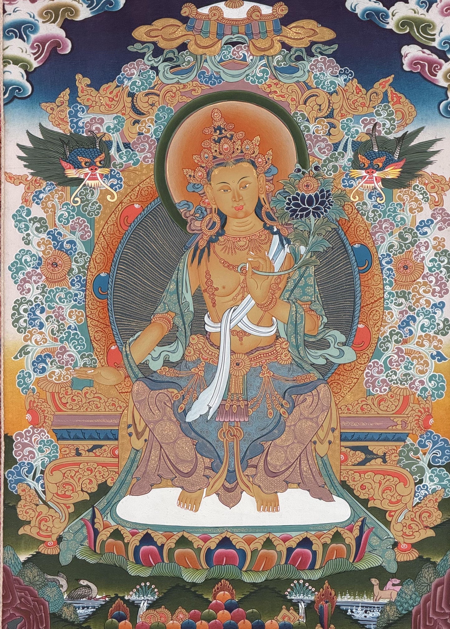 Hand-Painted Maitreya Buddha Thangka with 24K Gold |  Blessed  Tibetan Art | Silk Brocade Masterpiece