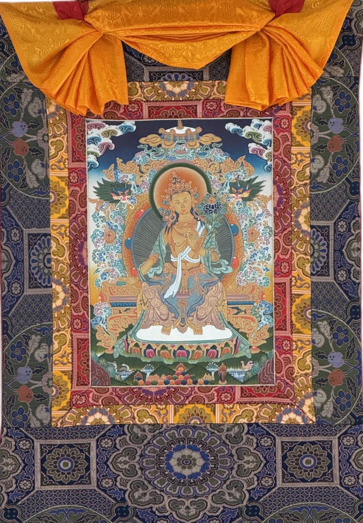 Hand-Painted Maitreya Buddha Thangka with 24K Gold |  Blessed  Tibetan Art | Silk Brocade Masterpiece
