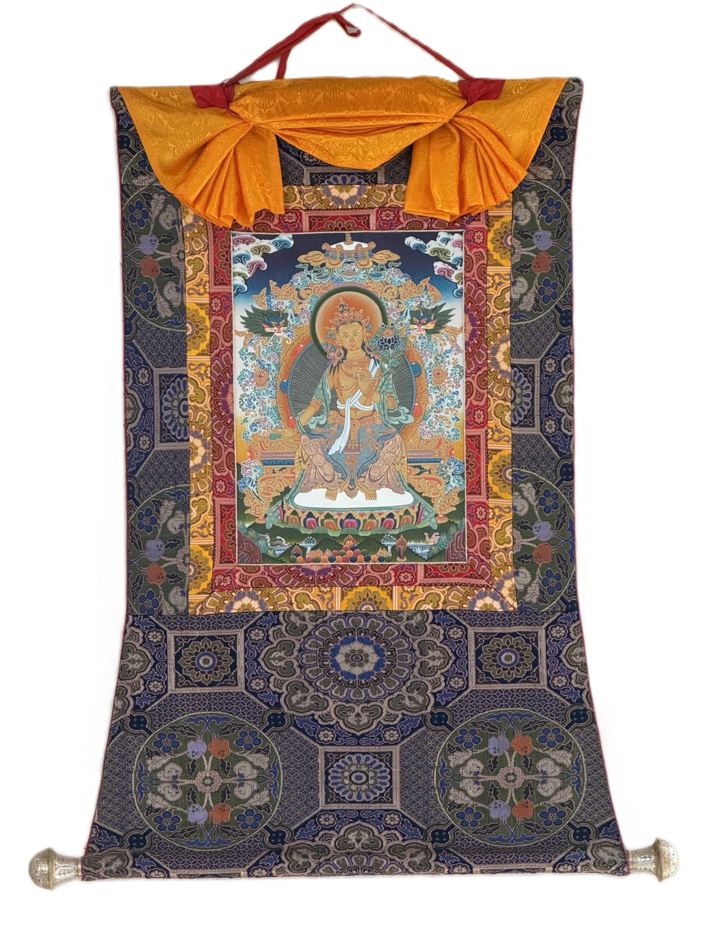 Hand-Painted Maitreya Buddha Thangka with 24K Gold |  Blessed  Tibetan Art | Silk Brocade Masterpiece