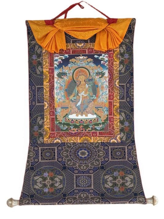 Hand-Painted Maitreya Buddha Thangka with 24K Gold |  Blessed  Tibetan Art | Silk Brocade Masterpiece