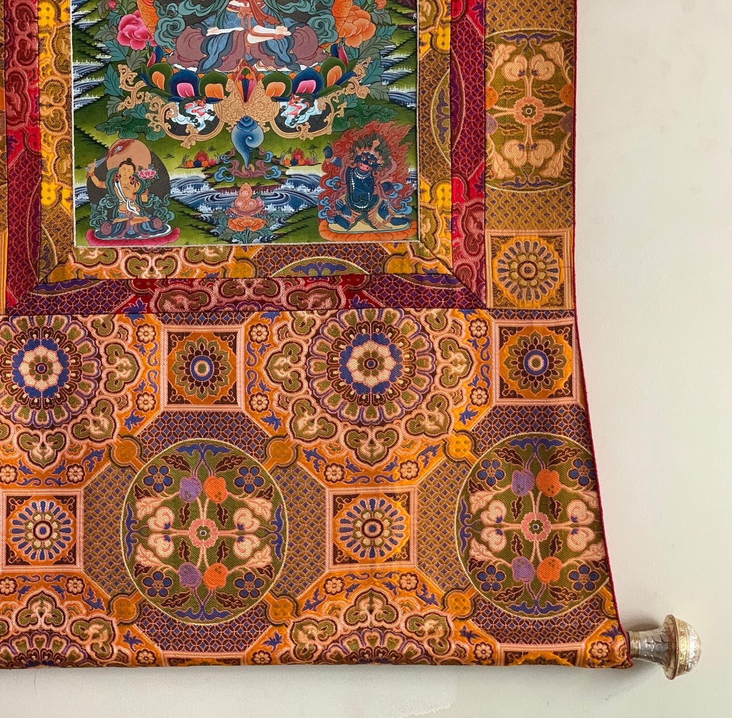 Hand-Painted Chenrezig Avalokiteshvara Thangka | 24K Gold Tibetan Art | Chandan Khadi Silk Brocade