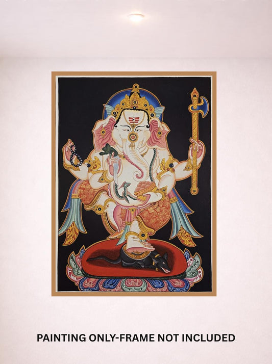 Hand-Painted Ganesha Thangka | Hindu God Art on Cotton Canvas