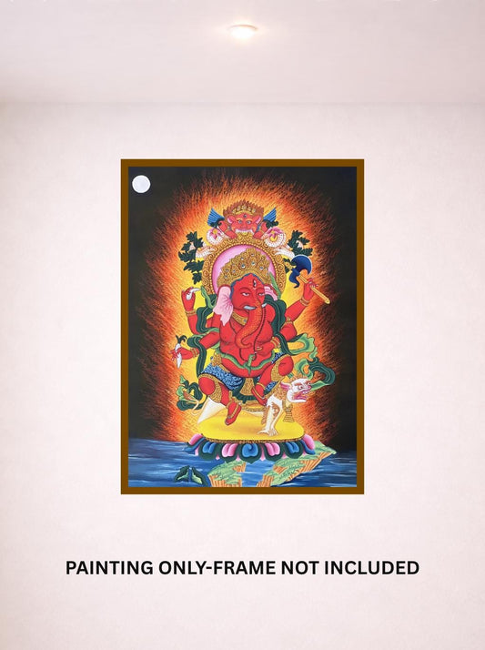 Red Ganesha Thangka Painting – Ganapati Newari Paubha Hindu Sacred Art- Silk Brocade Optional