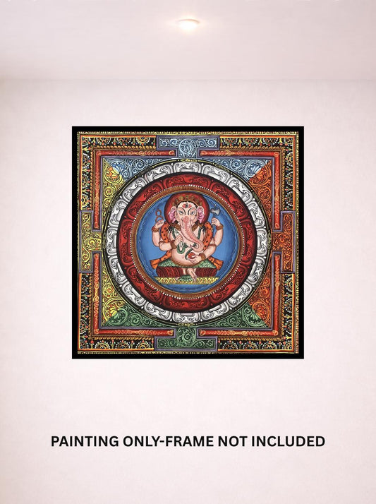 Original Hand-Painted Newari Ganesha in Sri Yantra Mandala – Traditional Paubha Art