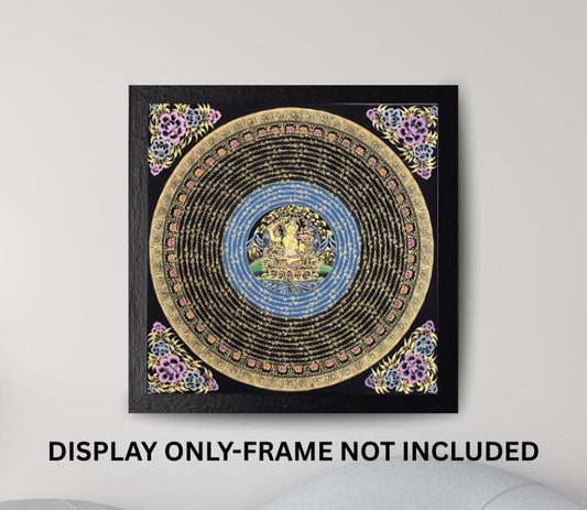 Hand-Painted Manjushri Mandala Thangka – Black and Gold Tibetan Art