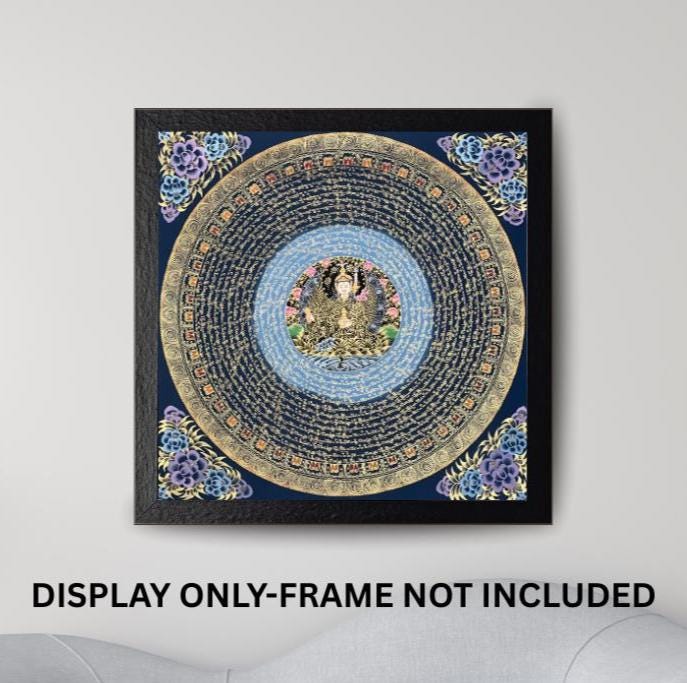 Guru Padmasambhava Mantra Mandala with Guru in Center - Black and Gold Tibetan Thangka Painting