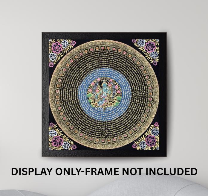 Green Tara Mantra Mandala with the Diety in the Center – Black and Gold Tibetan Thangka Painting