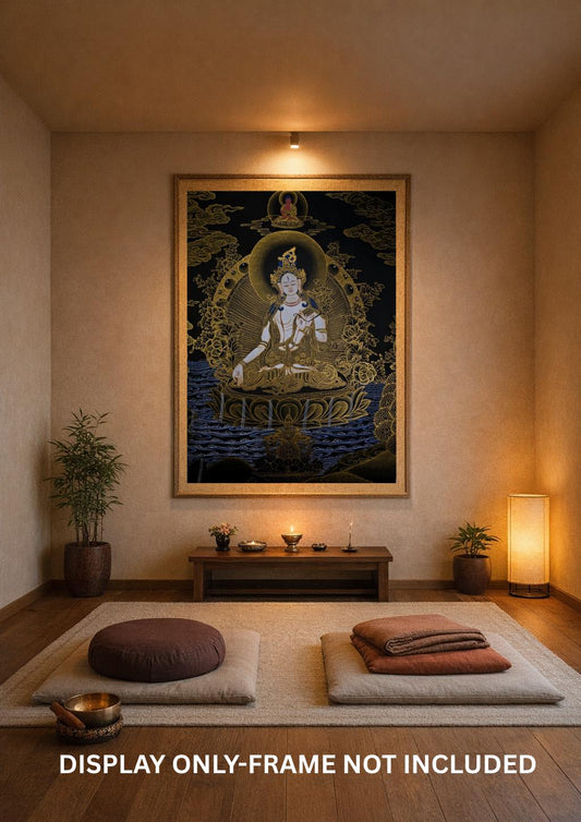 White Tara Thangka Painting, Gold Accents, Tibetan Art