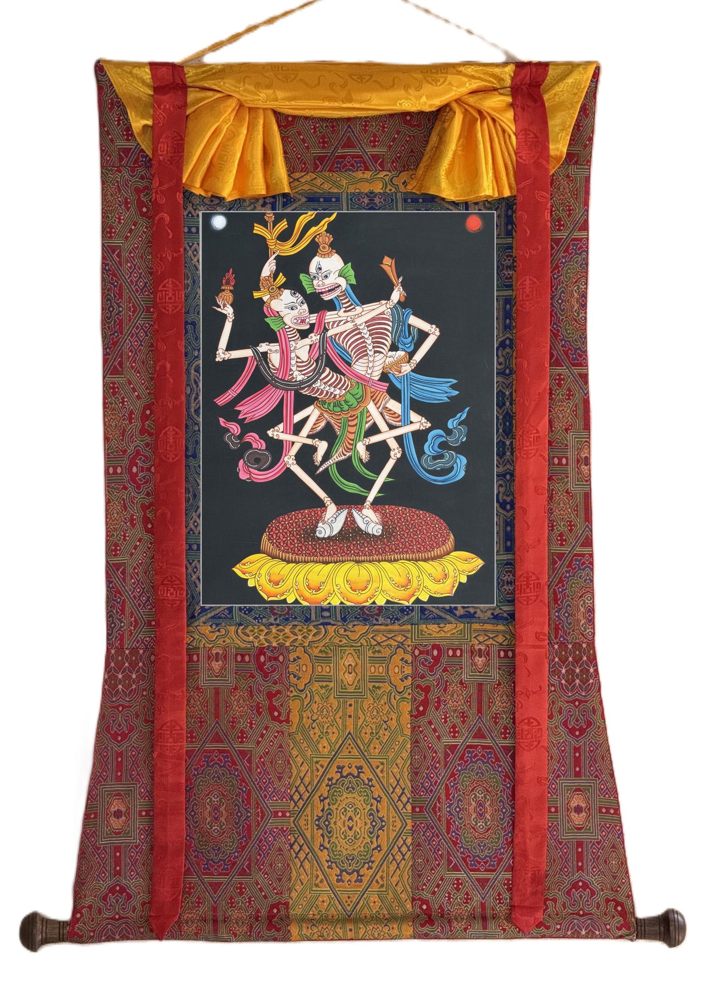 Citipati Thangka – Hand-Painted Dancing Skeleton, Silk Brocade Tibetan Art