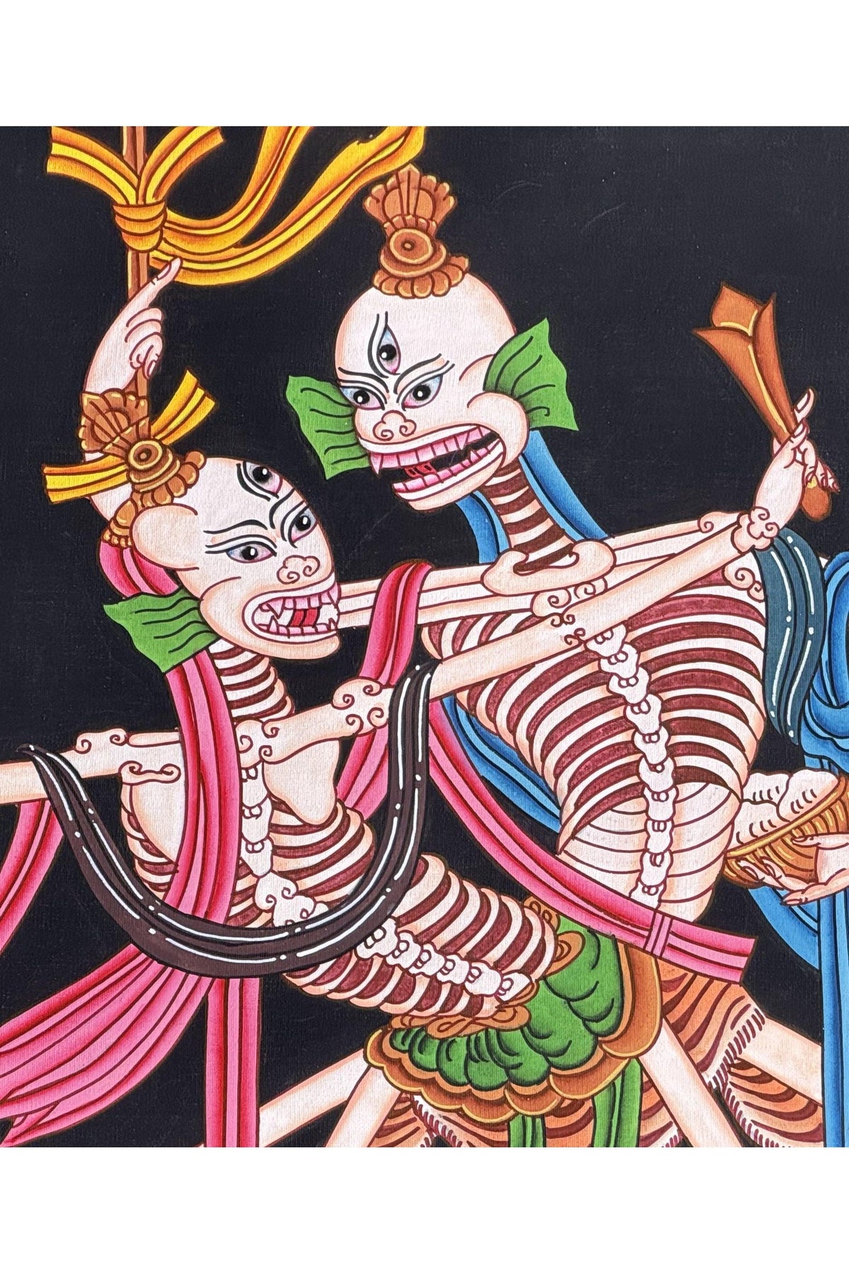 Citipati Dancing Skeletons Thangka | Hand-Painted Tibetan Buddhist Art | Silk Brocade Dharma Protector Wall Hanging