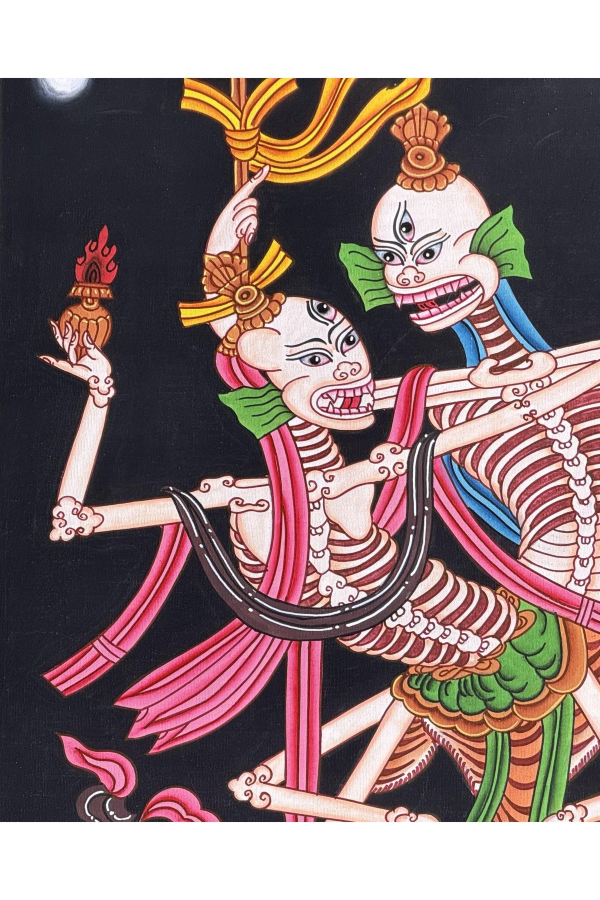 Citipati Dancing Skeletons Thangka | Hand-Painted Tibetan Buddhist Art | Silk Brocade Dharma Protector Wall Hanging
