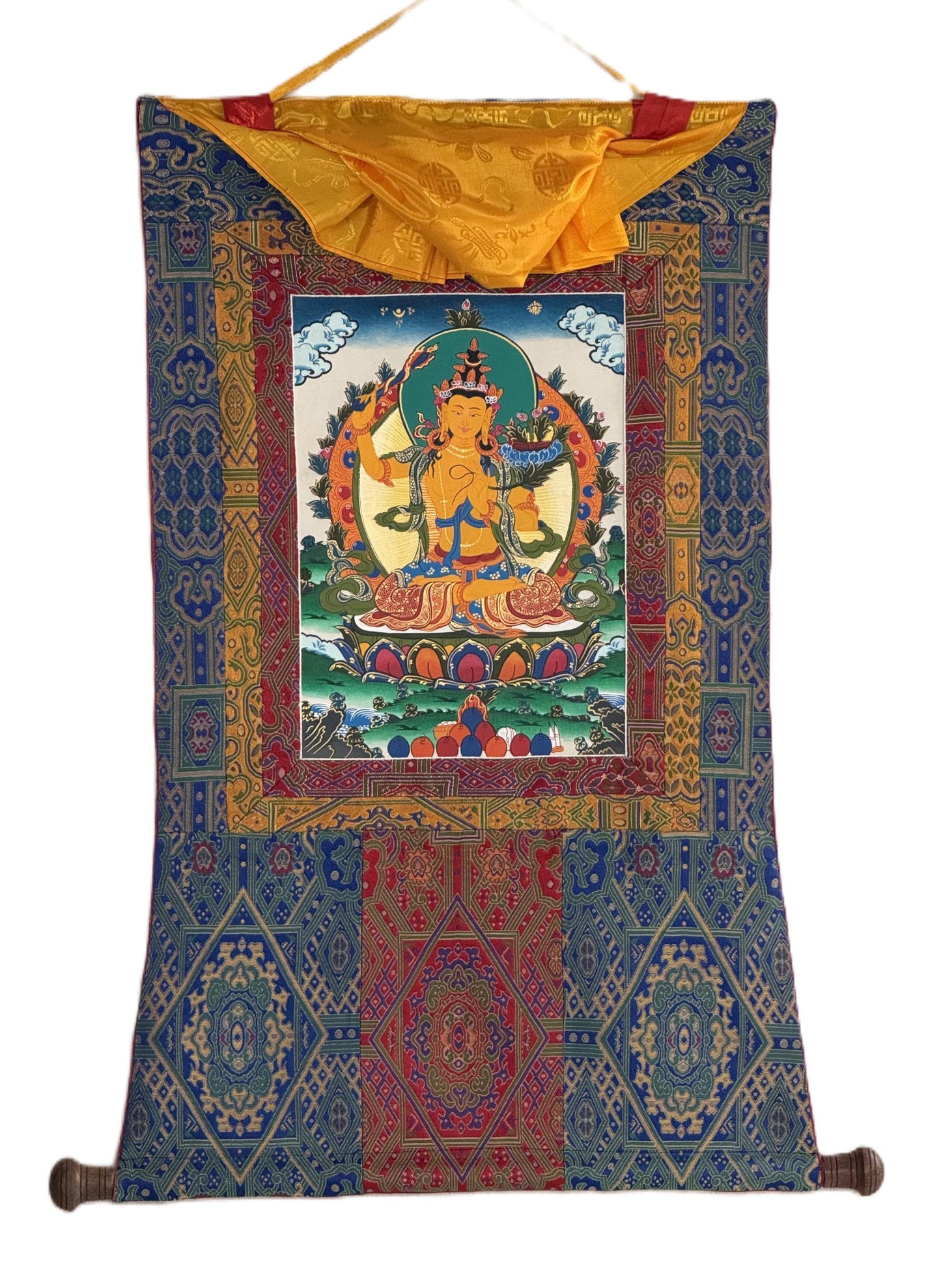 Manjushri Tibetan Thangka – Hand-Painted Buddhist Art, Silk Brocade Frame