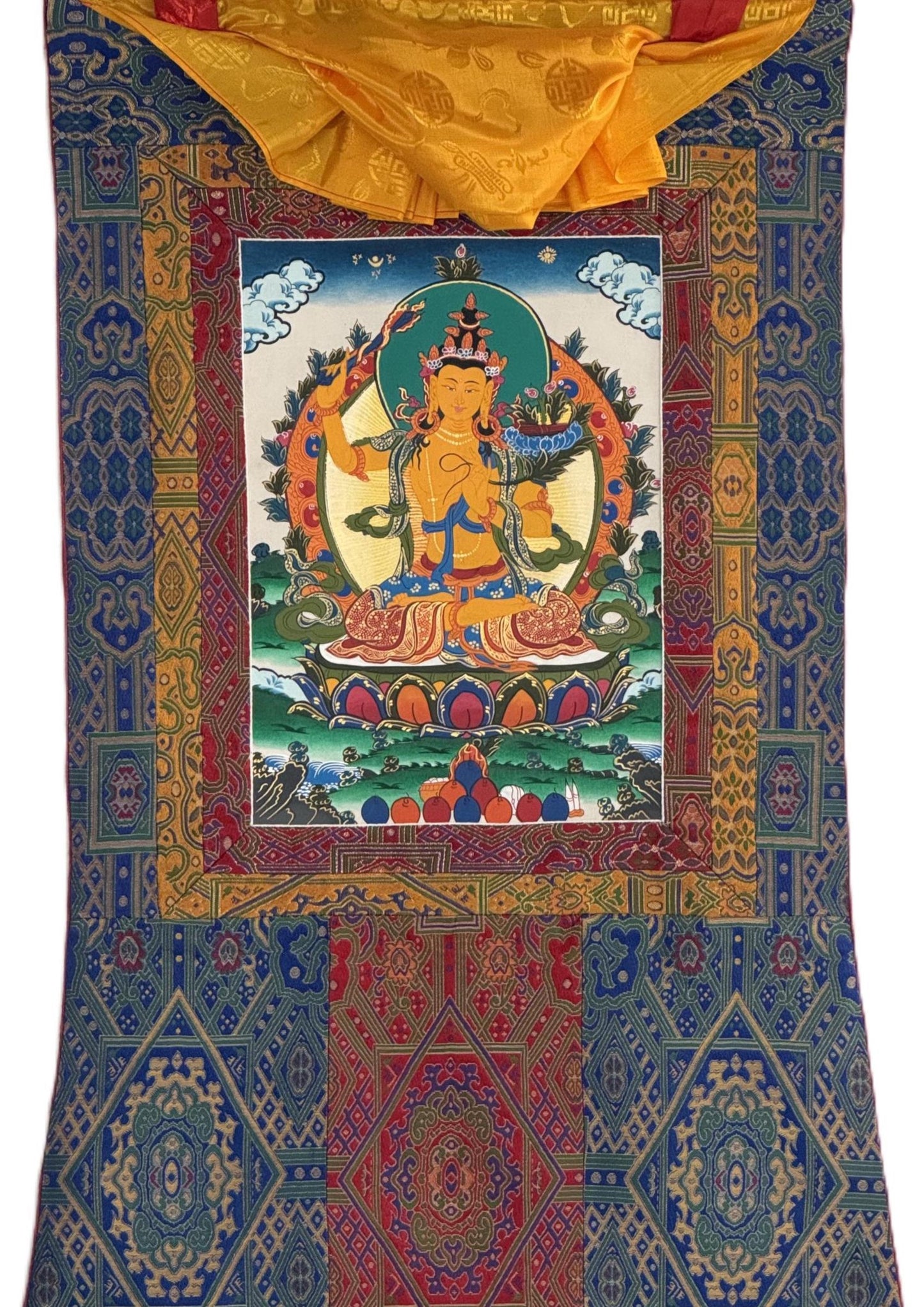 Manjushri Tibetan Thangka – Hand-Painted Buddhist Art, Silk Brocade Frame