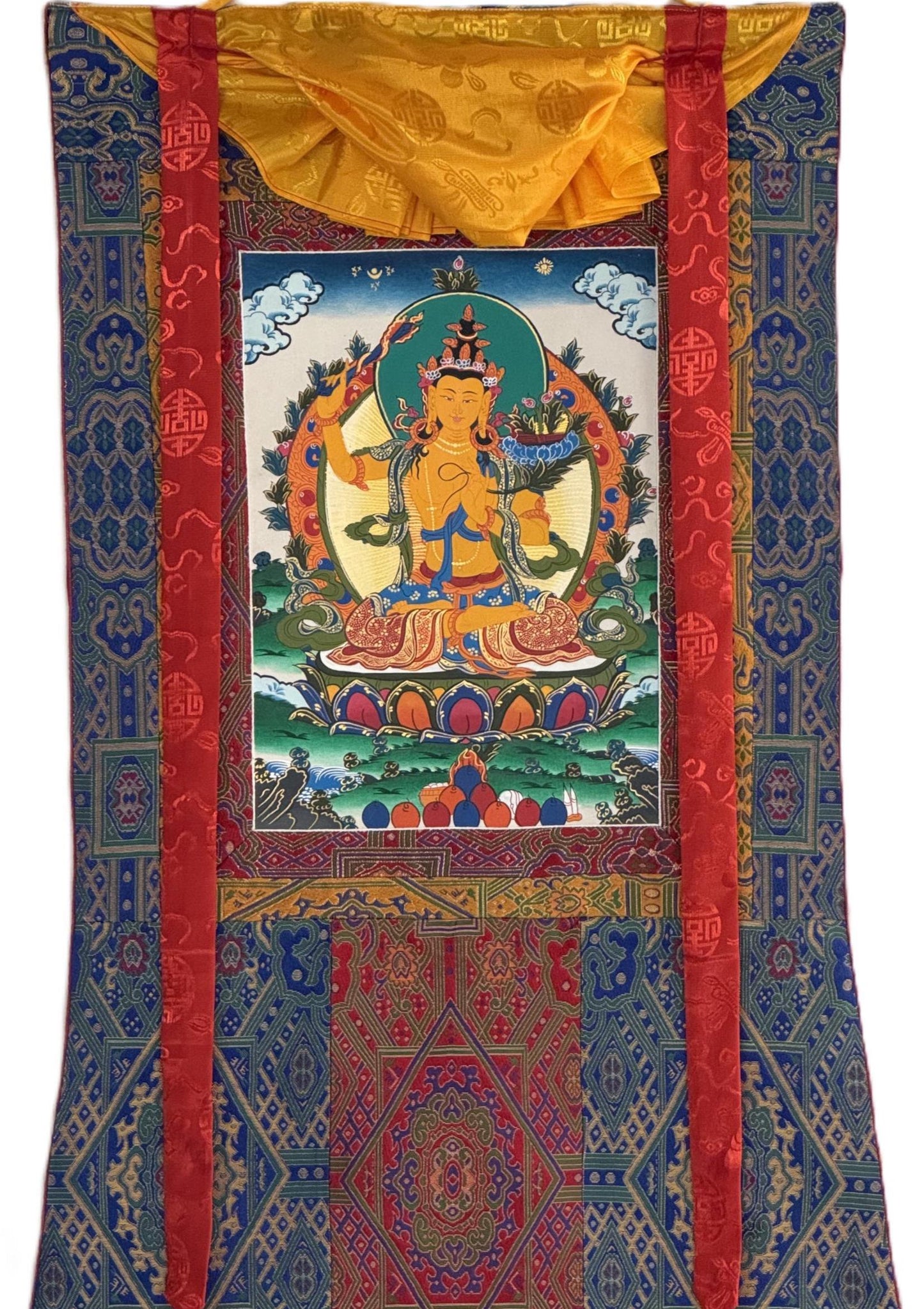 Manjushri Tibetan Thangka – Hand-Painted Buddhist Art, Silk Brocade Frame