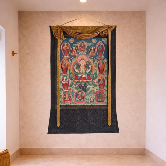 Vintage Large Four-Armed Chenrezig Thangka with Silk Brocade - Hand-Painted Tibetan Compassion Bodhisattva Art