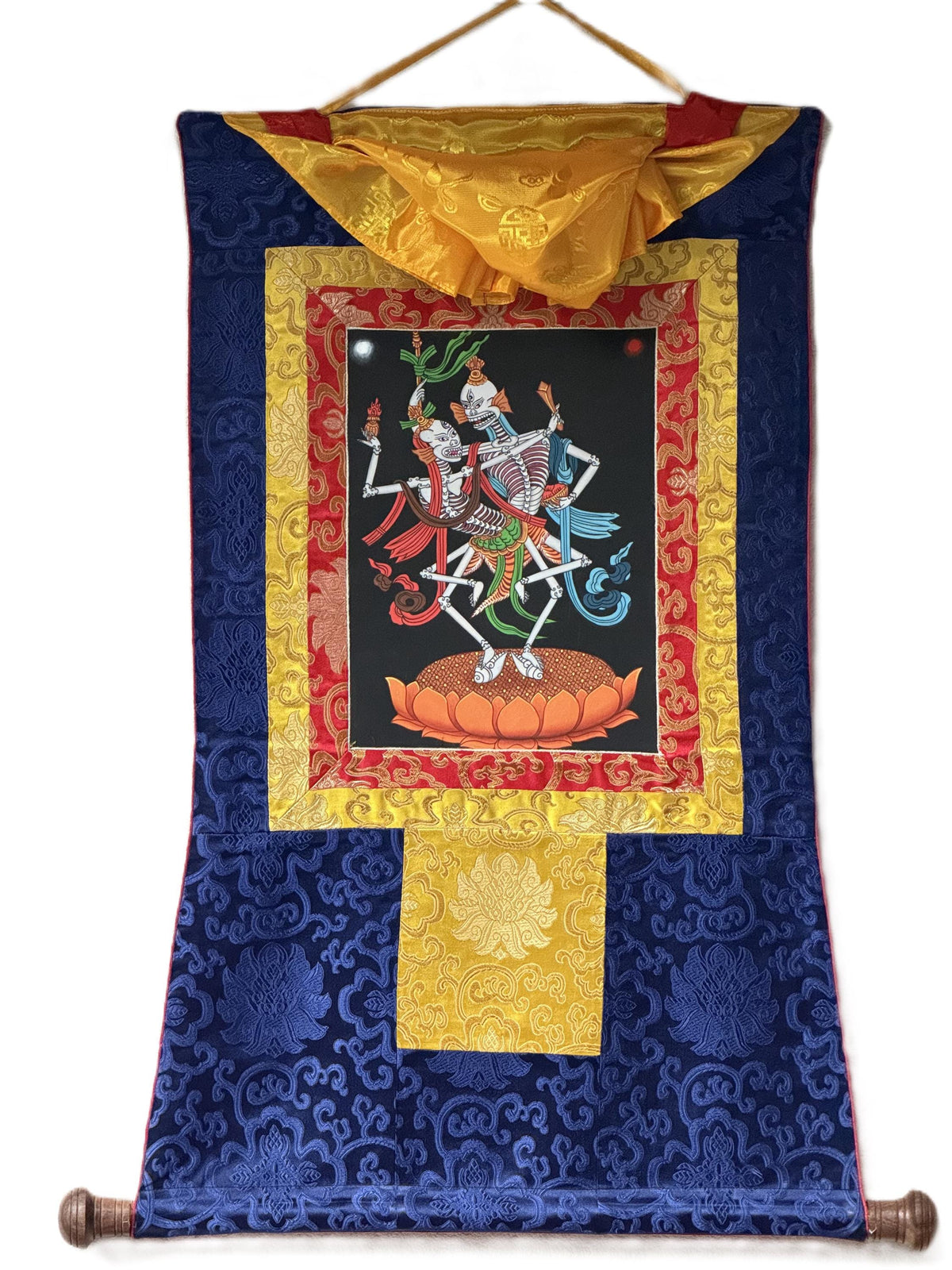Hand-Painted Citipati Thangka: Dancing Skeleton Tibetan Buddhist Art with Silk Brocade