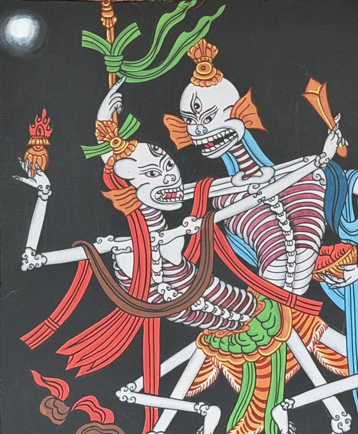 Hand-Painted Citipati Thangka: Dancing Skeleton Tibetan Buddhist Art with Silk Brocade