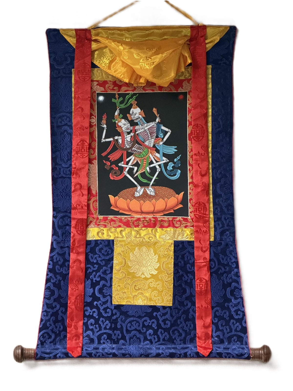 Hand-Painted Citipati Thangka: Dancing Skeleton Tibetan Buddhist Art with Silk Brocade
