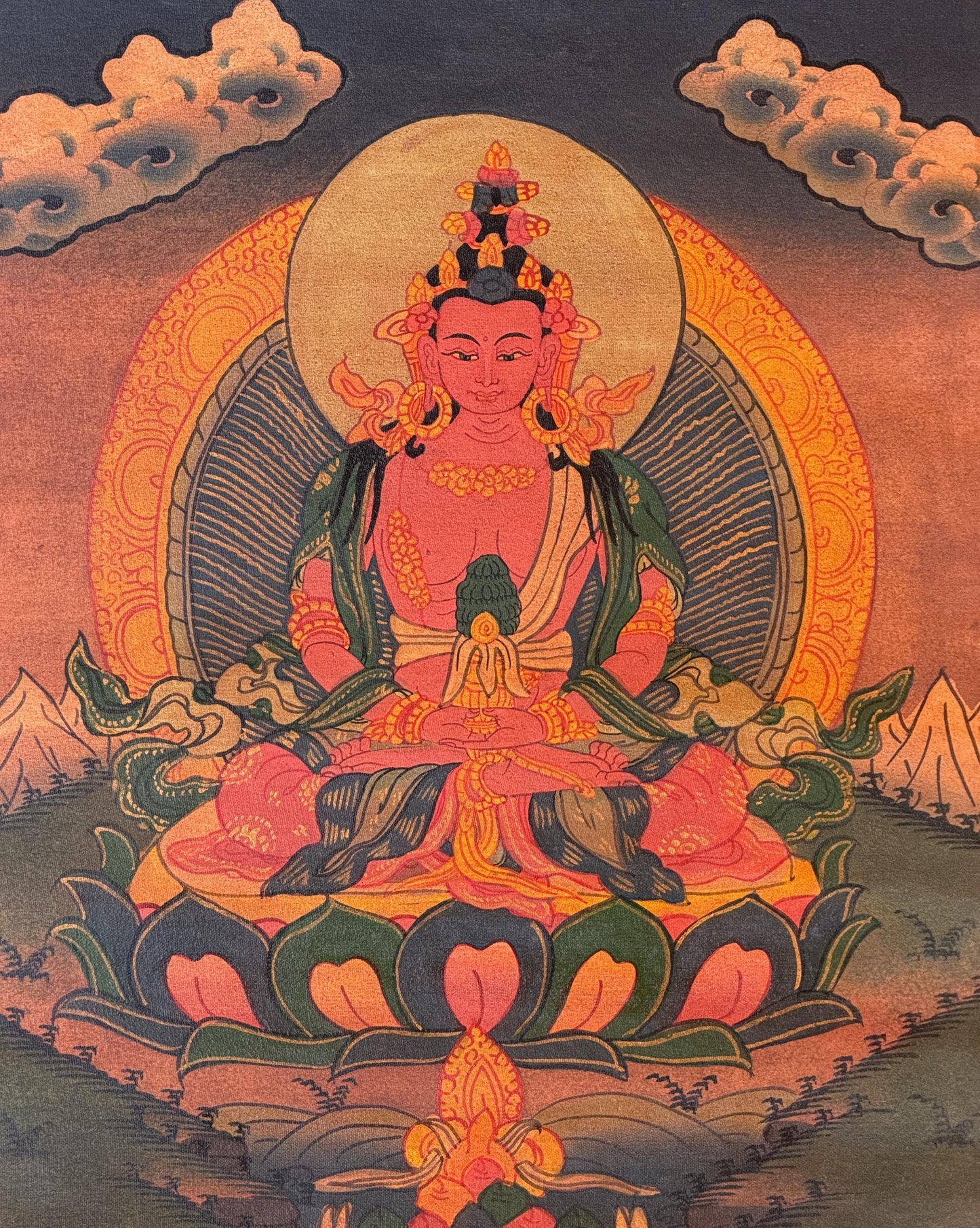 Hand-Painted Amitayus (Aparmita) Thangka | Oil Varnished Tibetan Longevity Buddha Art | Silk Brocade Framed