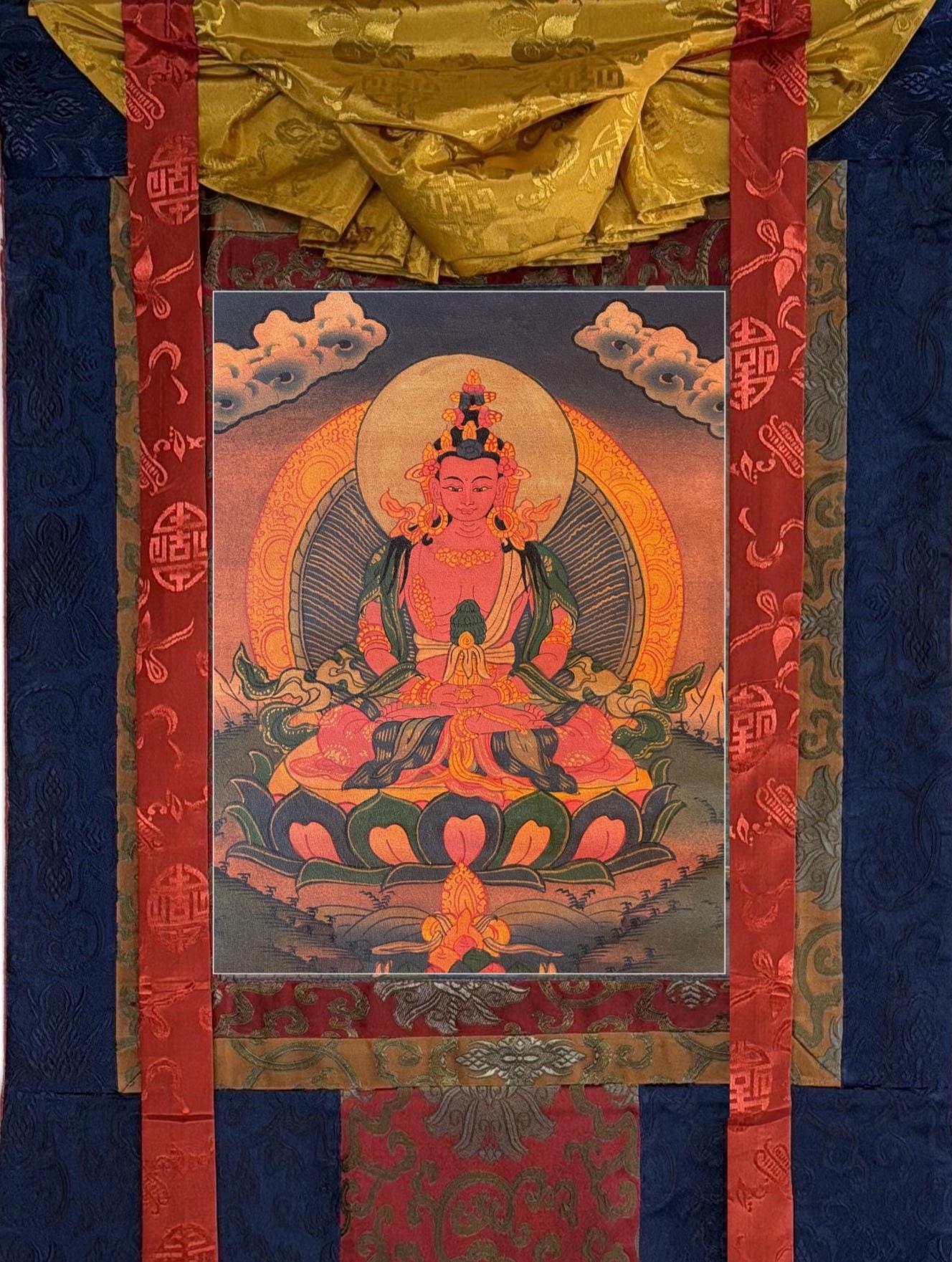Hand-Painted Amitayus (Aparmita) Thangka | Oil Varnished Tibetan Longevity Buddha Art | Silk Brocade Framed